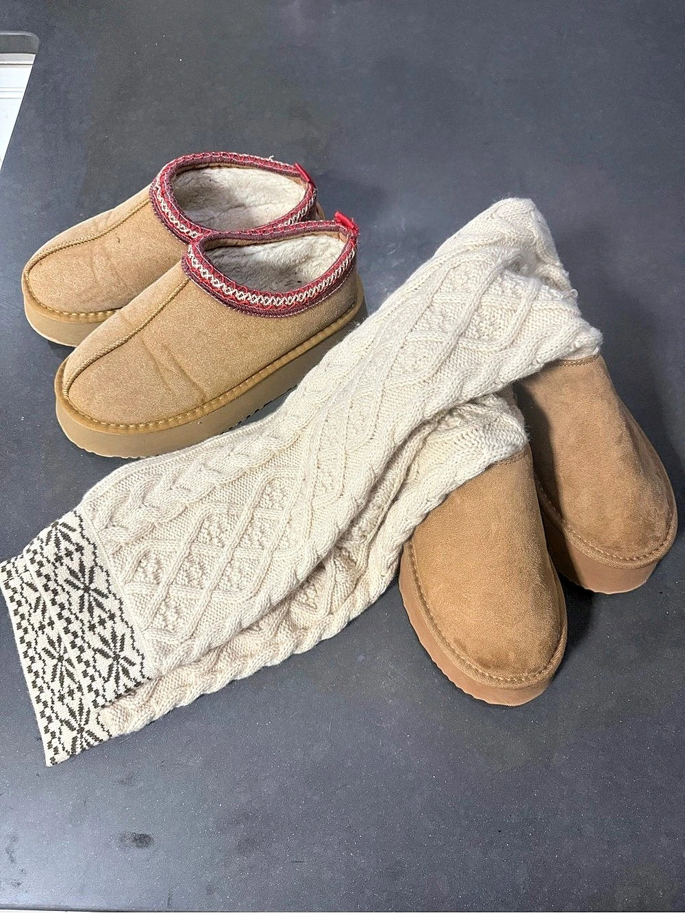Brown & Cream Ugg style Slippers with Knit Socks